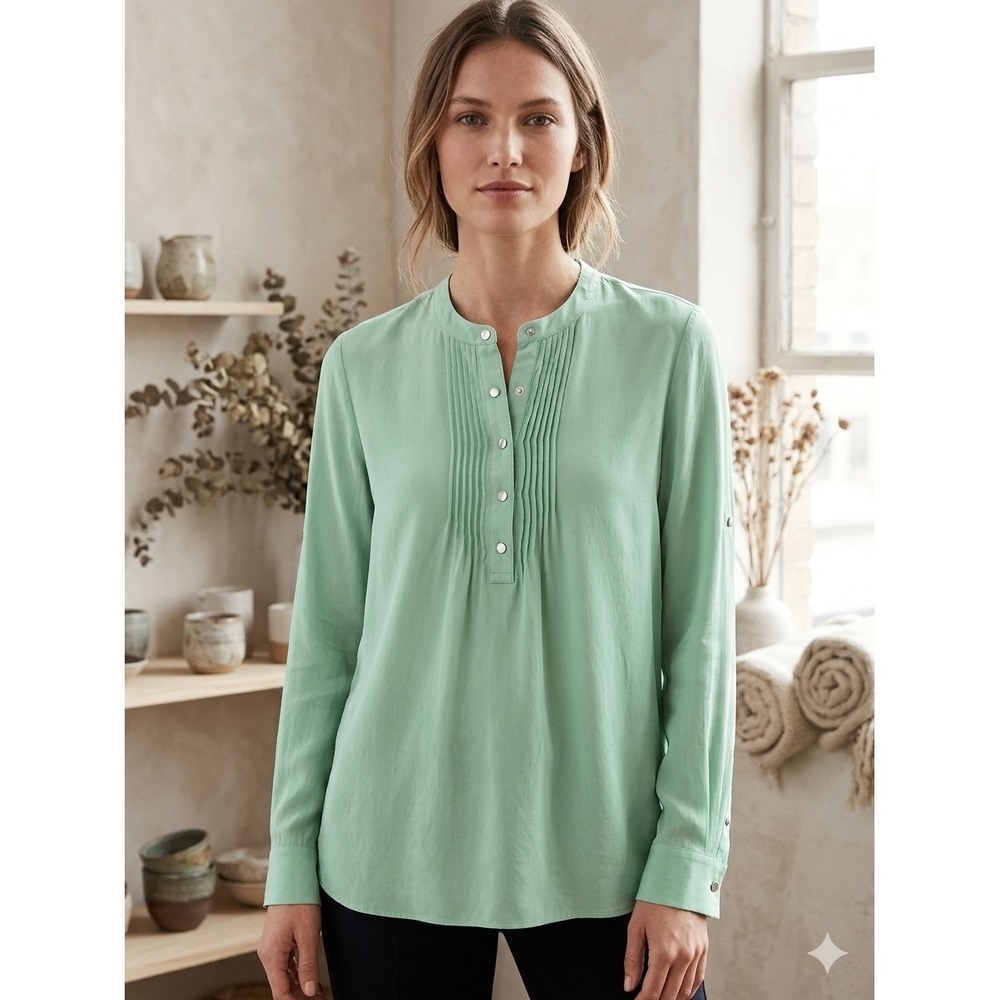 Banana Republic Green 100% Silk Pintuck Pleat Band Collar Blouse XS Career Core